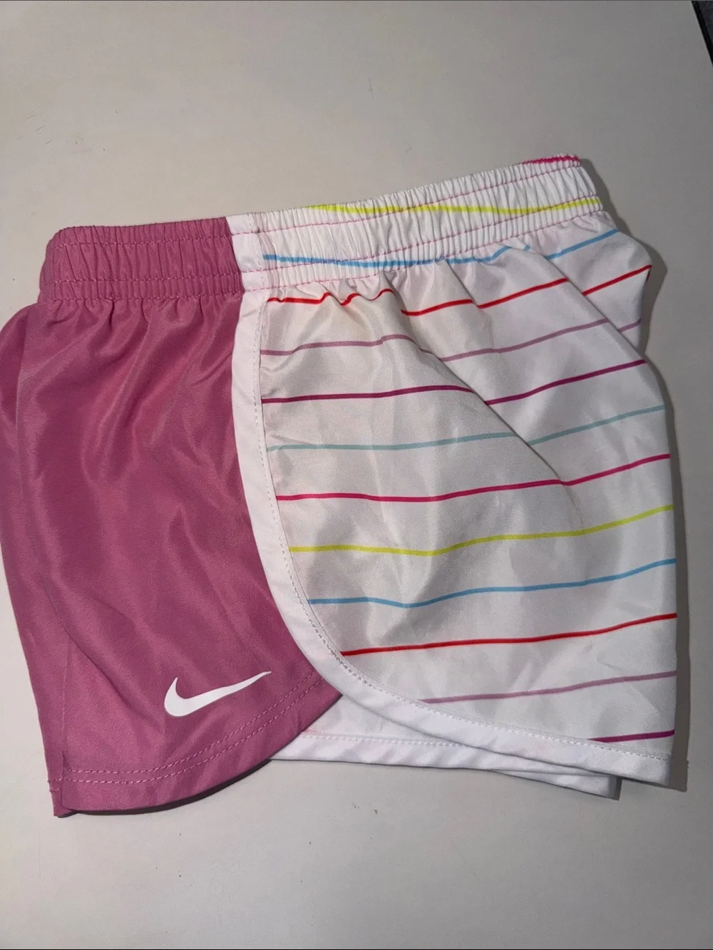 Nike Girls Pink & White Striped Shorts with Rainbow Lines